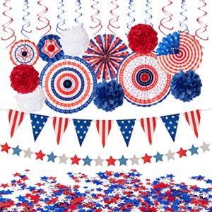29pcs 4th/fourth of july patriotic decorations set – red white blue paper fans,usa flag pennant,star streamer,pom poms,hanging swirls party decor supplies