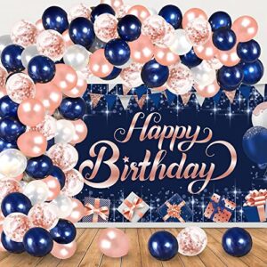 navy blue rose gold birthday party decorations, navy blue rose gold birthday photography backdrop banner balloon garland arch kit confetti balloons for navy blue rose gold birthday party decorations