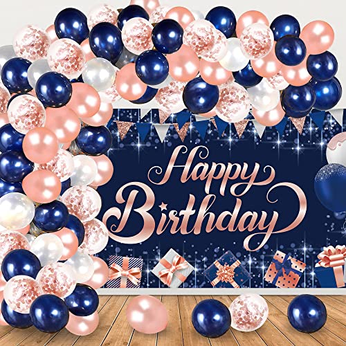 Navy Blue Rose Gold Birthday Party Decorations, Navy Blue Rose Gold Birthday Photography Backdrop Banner Balloon Garland Arch Kit Confetti Balloons for Navy Blue Rose Gold Birthday Party Decorations