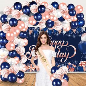 Navy Blue Rose Gold Birthday Party Decorations, Navy Blue Rose Gold Birthday Photography Backdrop Banner Balloon Garland Arch Kit Confetti Balloons for Navy Blue Rose Gold Birthday Party Decorations