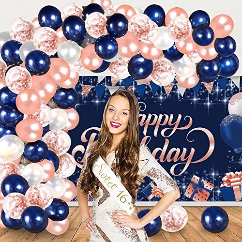 Navy Blue Rose Gold Birthday Party Decorations, Navy Blue Rose Gold Birthday Photography Backdrop Banner Balloon Garland Arch Kit Confetti Balloons for Navy Blue Rose Gold Birthday Party Decorations