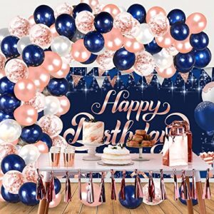 Navy Blue Rose Gold Birthday Party Decorations, Navy Blue Rose Gold Birthday Photography Backdrop Banner Balloon Garland Arch Kit Confetti Balloons for Navy Blue Rose Gold Birthday Party Decorations