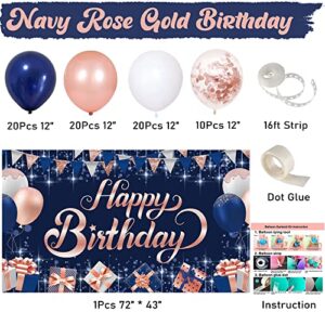 Navy Blue Rose Gold Birthday Party Decorations, Navy Blue Rose Gold Birthday Photography Backdrop Banner Balloon Garland Arch Kit Confetti Balloons for Navy Blue Rose Gold Birthday Party Decorations