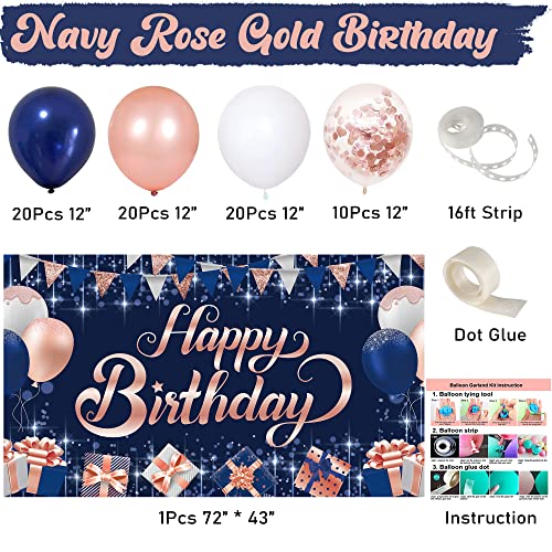 Navy Blue Rose Gold Birthday Party Decorations, Navy Blue Rose Gold Birthday Photography Backdrop Banner Balloon Garland Arch Kit Confetti Balloons for Navy Blue Rose Gold Birthday Party Decorations