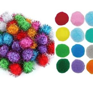 TECH-P®100 Pack 1.5 Inch Pom Poms with Glitter Tinsel and 30 PCS 1.18"30mm Non Glitter Pom Poms Sparkle Balls Cat Toy Balls– Assorted Color