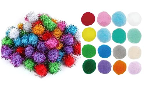 TECH-P®100 Pack 1.5 Inch Pom Poms with Glitter Tinsel and 30 PCS 1.18"30mm Non Glitter Pom Poms Sparkle Balls Cat Toy Balls– Assorted Color