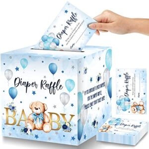 50 pieces diaper raffle tickets with baby shower games box bear baby shower game insert card blue diaper raffle sign box holder for bear baby shower gender reveal birthday party game supplies