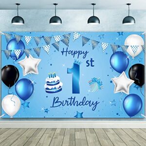 happy 1st birthday backdrop banner blue newborn boys first birthday backdrop photography background for 1st birthday baby shower party decorations supplies 72.8 x 43.3 inch