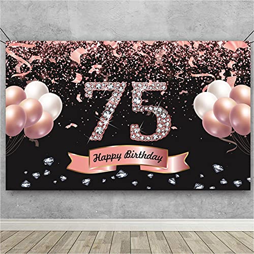 Trgowaul 75th Birthday Decorations for Women Rose Gold Birthday Backdrop 5.9 X 3.6 Fts Happy Birthday Party Suppiles Photography Supplies Background Happy 75th Birthday Banner