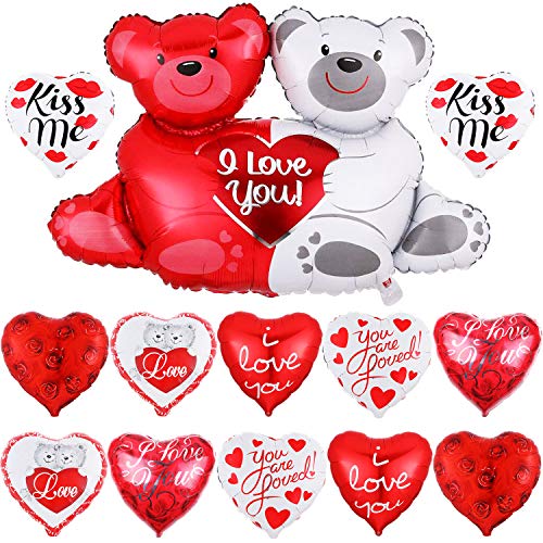 KatchOn, Large Teddy Bear Balloons Set - 40 Inch, Pack of 12 | Anniversary Balloons, I Love You Balloons for Special Night, Anniversary Decorations | Happy Anniversary Balloons, Red Heart Balloons