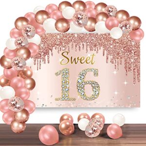 rose gold sweet 16th birthday banner backdrop with confetti balloon garland arch, happy 16 birthday banner balloon set for girls, pink sixteen bday poster photo booth decor