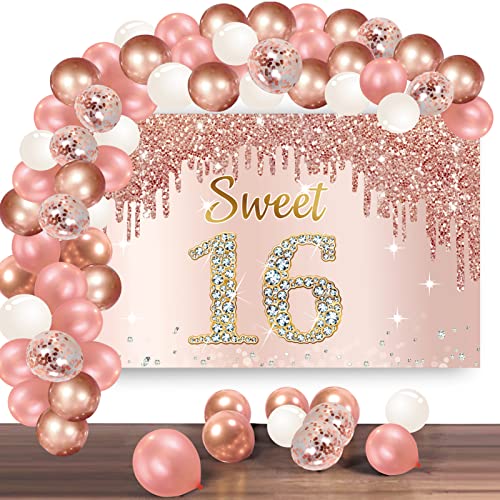 Rose Gold Sweet 16th Birthday Banner Backdrop with Confetti Balloon Garland Arch, Happy 16 Birthday Banner Balloon Set for Girls, Pink Sixteen Bday Poster Photo Booth Decor