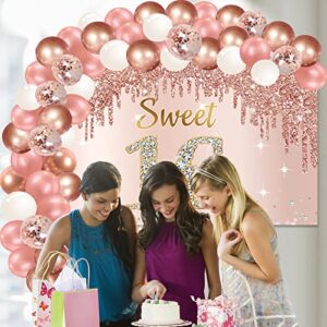 Rose Gold Sweet 16th Birthday Banner Backdrop with Confetti Balloon Garland Arch, Happy 16 Birthday Banner Balloon Set for Girls, Pink Sixteen Bday Poster Photo Booth Decor