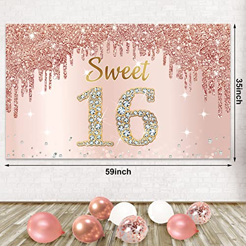 Rose Gold Sweet 16th Birthday Banner Backdrop with Confetti Balloon Garland Arch, Happy 16 Birthday Banner Balloon Set for Girls, Pink Sixteen Bday Poster Photo Booth Decor