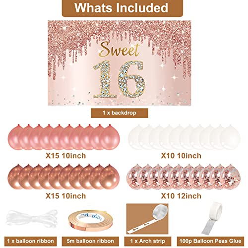 Rose Gold Sweet 16th Birthday Banner Backdrop with Confetti Balloon Garland Arch, Happy 16 Birthday Banner Balloon Set for Girls, Pink Sixteen Bday Poster Photo Booth Decor