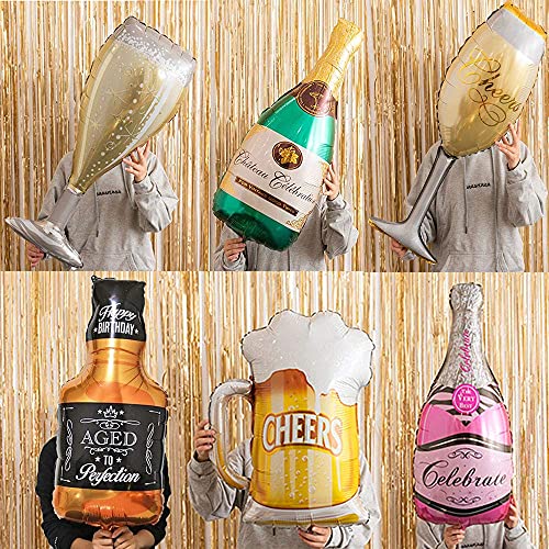 Giant Champagne Bottle Balloons 40'' Wine Goblet glass Sparkling Wine Glass Beer Cup Foil Whiskey Bottle Balloon Decoration for Bar Party Oktoberfest Birthday Baby Shower Festival Celebrations Party Supplies 6PCS