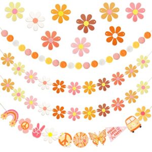 tegeme 4 pcs felt ball garland groovy party banner and daisy boho sets with 6.5 feet colorful pom hippie decorations spring supplies for wall home (bright style)