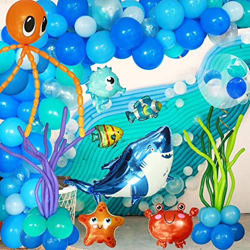 160PCS Ocean Animals Birthday Party Decoration Blue Sea Balloons Garland Kit with Shark Bubble Fish ClownfishHippocampus Crab Starfish for Undersea Theme Birthday Boy Baby Shower Party Supplies