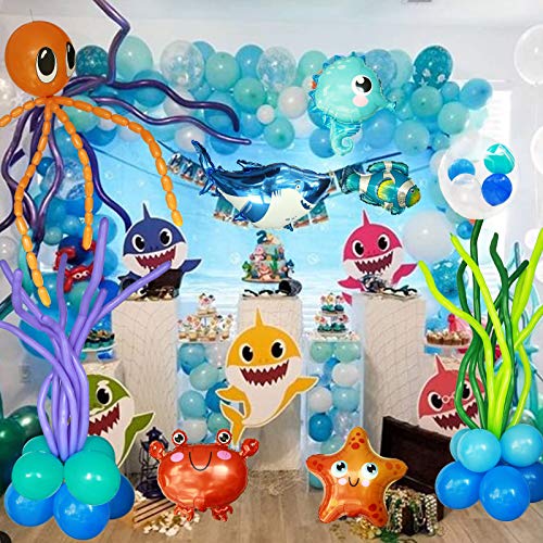 160PCS Ocean Animals Birthday Party Decoration Blue Sea Balloons Garland Kit with Shark Bubble Fish ClownfishHippocampus Crab Starfish for Undersea Theme Birthday Boy Baby Shower Party Supplies