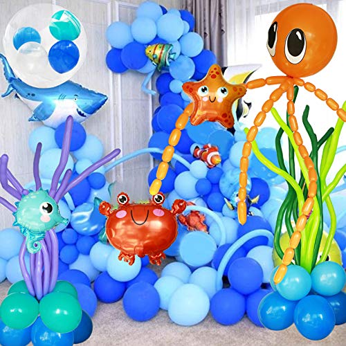 160PCS Ocean Animals Birthday Party Decoration Blue Sea Balloons Garland Kit with Shark Bubble Fish ClownfishHippocampus Crab Starfish for Undersea Theme Birthday Boy Baby Shower Party Supplies