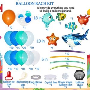 160PCS Ocean Animals Birthday Party Decoration Blue Sea Balloons Garland Kit with Shark Bubble Fish ClownfishHippocampus Crab Starfish for Undersea Theme Birthday Boy Baby Shower Party Supplies