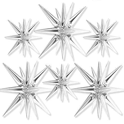 PartyWoo Star Balloons 6 pcs, One-Piece 14-pointed Star Explosion Balloons with Ribbon, Silver Fireworks Shape Foil Balloons, Large Mylar Balloons for Baby Shower Boy, Birthday, Wedding (27 & 22 inch)