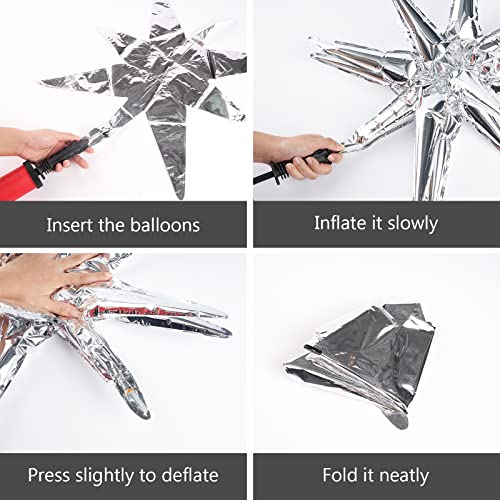 PartyWoo Star Balloons 6 pcs, One-Piece 14-pointed Star Explosion Balloons with Ribbon, Silver Fireworks Shape Foil Balloons, Large Mylar Balloons for Baby Shower Boy, Birthday, Wedding (27 & 22 inch)