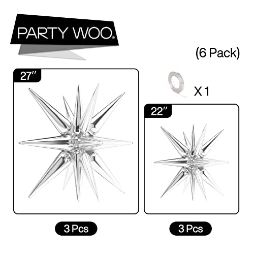 PartyWoo Star Balloons 6 pcs, One-Piece 14-pointed Star Explosion Balloons with Ribbon, Silver Fireworks Shape Foil Balloons, Large Mylar Balloons for Baby Shower Boy, Birthday, Wedding (27 & 22 inch)