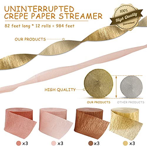 Streamers Party Decorations, 12 Rolls 984 Feet Rose Gold Crepe Paper Streamers Tassels Backdrop Party Supplies for Wedding Bachelorette Birthday Party Family Gathering Baby Bridal Shower Decorations