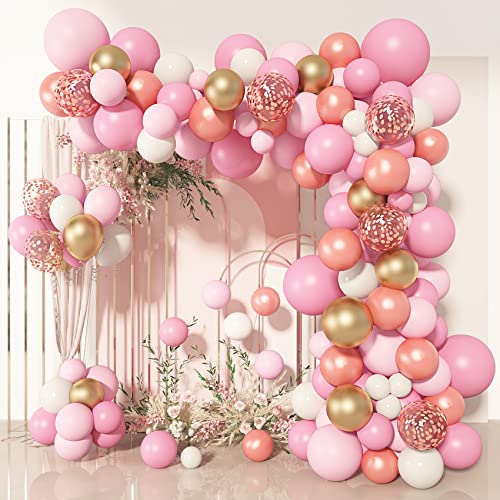 140Pcs Rose Gold Pink Balloons Garland Arch Kit, Light Pink Rose Gold Confetti Balloons for Women Girls Birthday Baby Shower Wedding Graduation Bachelorette Mother's Valentine's Day Party Decorations