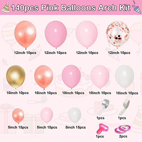 140Pcs Rose Gold Pink Balloons Garland Arch Kit, Light Pink Rose Gold Confetti Balloons for Women Girls Birthday Baby Shower Wedding Graduation Bachelorette Mother's Valentine's Day Party Decorations