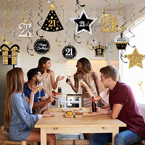 30 Pieces 21st Birthday Party Decorations, 21st Birthday Party Decorative Cards and Hanging Swirls Ceiling Decorations Shiny Celebration Hanging Swirls Decorations for 21st Birthday Party Supplies