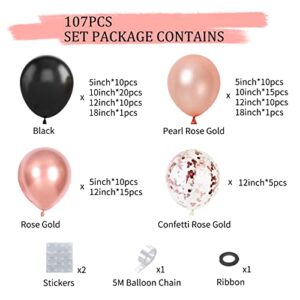 GREMAG Black and Rose Gold Balloon Arch, 107PCS Black Balloons Garland Kit with Pearl Metallic Confetti Rose Gold Various Size Balloons, for Graduation Baby Shower Birthday Party Wedding Decorations