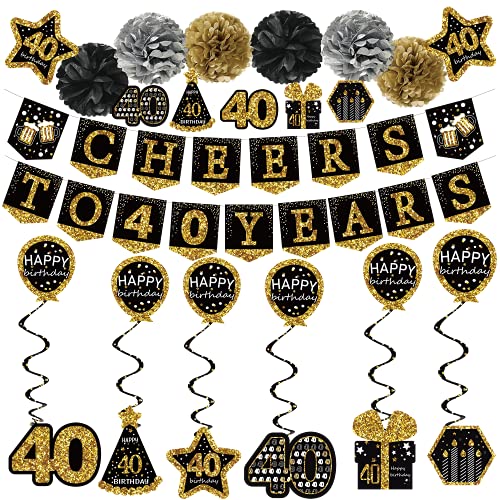 40th birthday decorations for men - (21pack) cheers to 40 years black gold glitter banner for women, 6 paper Poms, 6 Hanging Swirl, 7 decorations stickers. 40 Years Old Party Supplies gifts for men