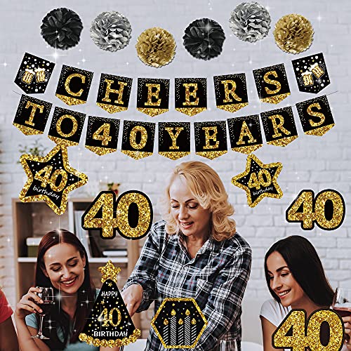 40th birthday decorations for men - (21pack) cheers to 40 years black gold glitter banner for women, 6 paper Poms, 6 Hanging Swirl, 7 decorations stickers. 40 Years Old Party Supplies gifts for men