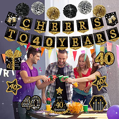 40th birthday decorations for men - (21pack) cheers to 40 years black gold glitter banner for women, 6 paper Poms, 6 Hanging Swirl, 7 decorations stickers. 40 Years Old Party Supplies gifts for men