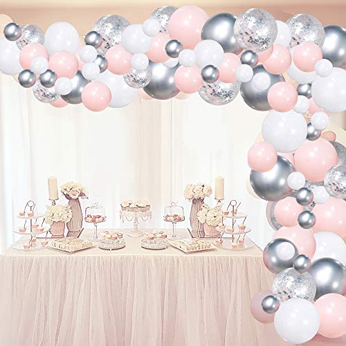 Silver Pink Balloons Garland Kit, 100pcs White and Silver Confetti Metallic Latex Balloons Arch with 16ft Tape Strip & Dot Glue for Girl Baby Shower, Birthday Party, Wedding, Anniversary Decorations