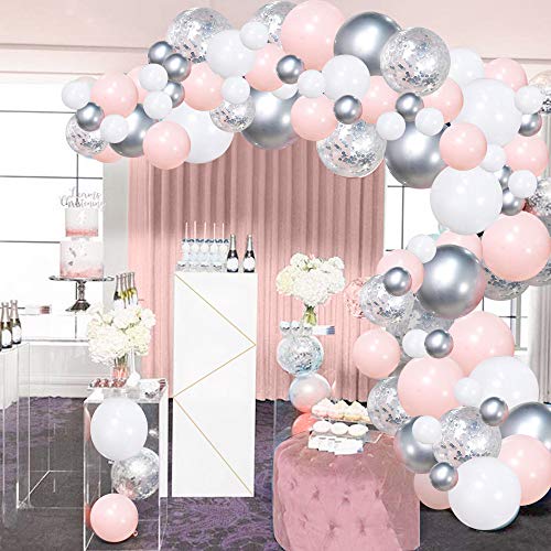 Silver Pink Balloons Garland Kit, 100pcs White and Silver Confetti Metallic Latex Balloons Arch with 16ft Tape Strip & Dot Glue for Girl Baby Shower, Birthday Party, Wedding, Anniversary Decorations