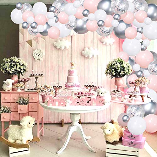 Silver Pink Balloons Garland Kit, 100pcs White and Silver Confetti Metallic Latex Balloons Arch with 16ft Tape Strip & Dot Glue for Girl Baby Shower, Birthday Party, Wedding, Anniversary Decorations