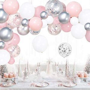 Silver Pink Balloons Garland Kit, 100pcs White and Silver Confetti Metallic Latex Balloons Arch with 16ft Tape Strip & Dot Glue for Girl Baby Shower, Birthday Party, Wedding, Anniversary Decorations