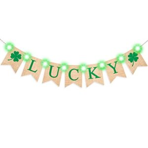st. patrick’s day lucky burlap banner bunting hanging garland with green string lights rustic shamrock banner for st. patrick’s day decoration supplies