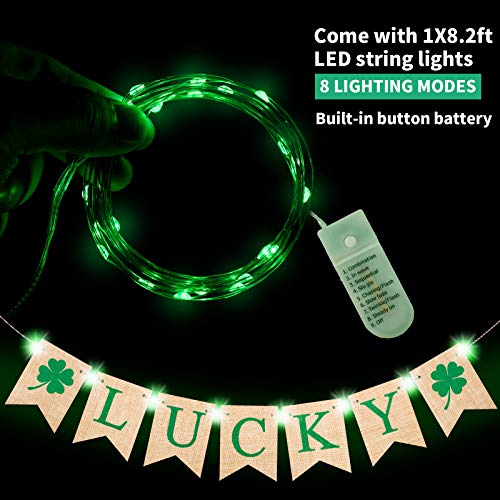 St. Patrick's Day Lucky Burlap Banner Bunting Hanging Garland with Green String Lights Rustic Shamrock Banner for St. Patrick's Day Decoration Supplies