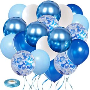 royal blue white confetti balloons, 60 pcs 12inch light blue metallic blue and baby blue confetti balloons for birthday boy baby shower graduation party decorations