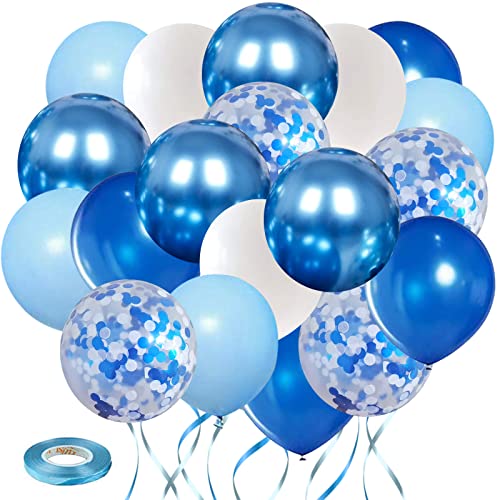 Royal Blue White Confetti Balloons, 60 pcs 12inch Light Blue Metallic Blue and Baby Blue Confetti Balloons for Birthday Boy Baby Shower Graduation Party Decorations