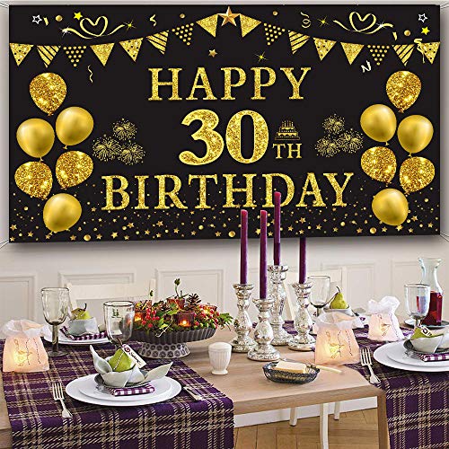 Trgowaul 30th Birthday Backdrop Gold and Black 5.9 X 3.6 Fts Happy Birthday Party Decorations Banner for Women Men Photography Supplies Background Happy Birthday Decoration