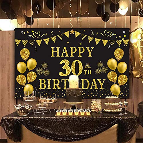 Trgowaul 30th Birthday Backdrop Gold and Black 5.9 X 3.6 Fts Happy Birthday Party Decorations Banner for Women Men Photography Supplies Background Happy Birthday Decoration