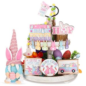 14 pieces easter tiered tray decorations includes 1 pc easter gnomes bunny plush doll 3d wooden centerpiece table signs easter pattern wood flag happy spring decoration for indoor home kitchen decor