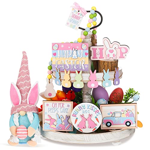 14 Pieces Easter Tiered Tray Decorations Includes 1 Pc Easter Gnomes Bunny Plush Doll 3D Wooden Centerpiece Table Signs Easter Pattern Wood Flag Happy Spring Decoration for Indoor Home Kitchen Decor