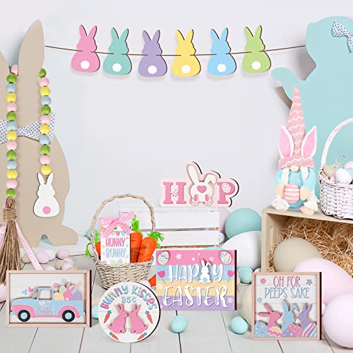 14 Pieces Easter Tiered Tray Decorations Includes 1 Pc Easter Gnomes Bunny Plush Doll 3D Wooden Centerpiece Table Signs Easter Pattern Wood Flag Happy Spring Decoration for Indoor Home Kitchen Decor