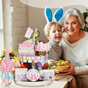 14 Pieces Easter Tiered Tray Decorations Includes 1 Pc Easter Gnomes Bunny Plush Doll 3D Wooden Centerpiece Table Signs Easter Pattern Wood Flag Happy Spring Decoration for Indoor Home Kitchen Decor